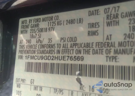 2017 Ford Escape Se from USA, damaged, VIN 1FMCU9GD2HUE76569